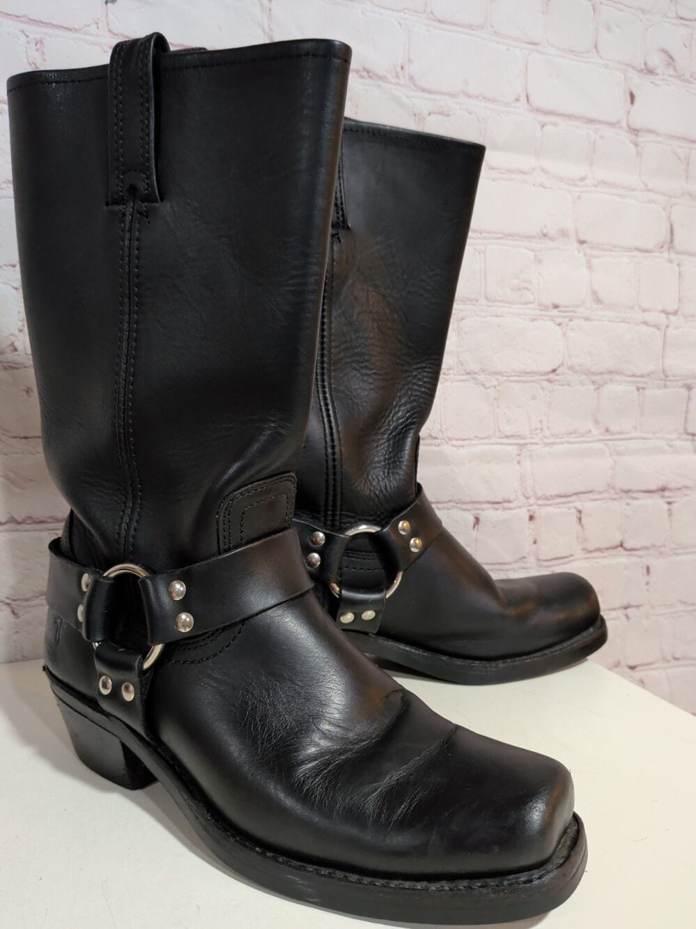 Frye Harness Moto Boots Women 8.5 M Black 12R Biker Square Toe Western